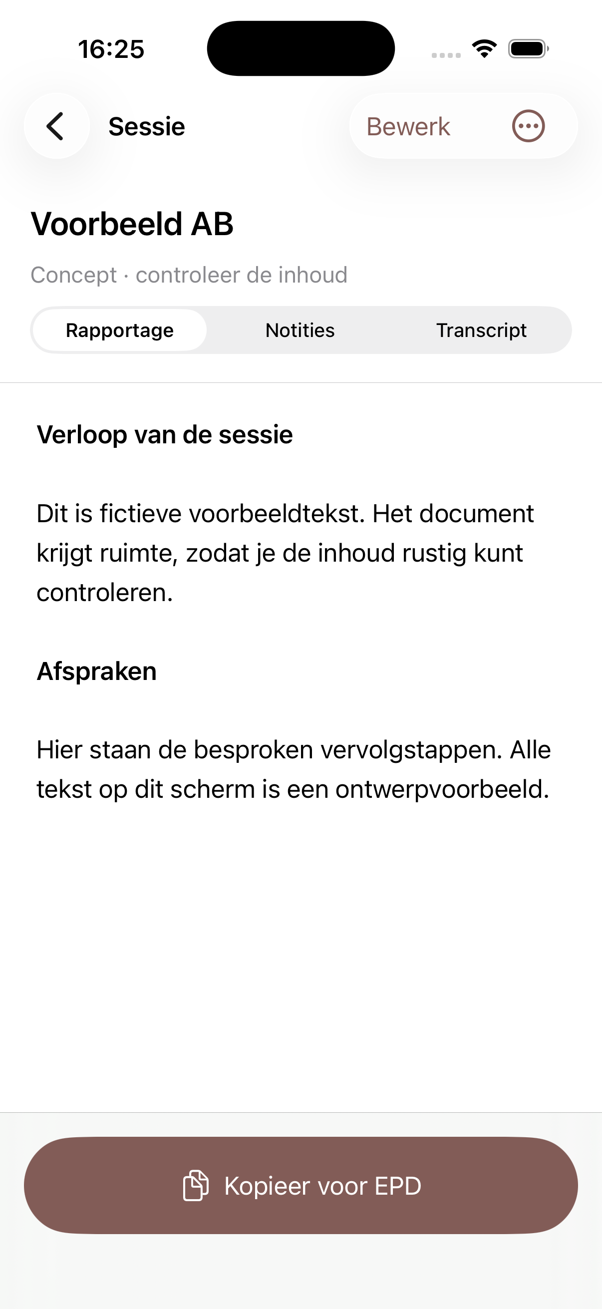 InZicht Pro op iPhone: conceptverslag met tabbladen Rapportage, Notities en Transcript en de knop Kopieer voor EPD. Alle tekst is fictief.